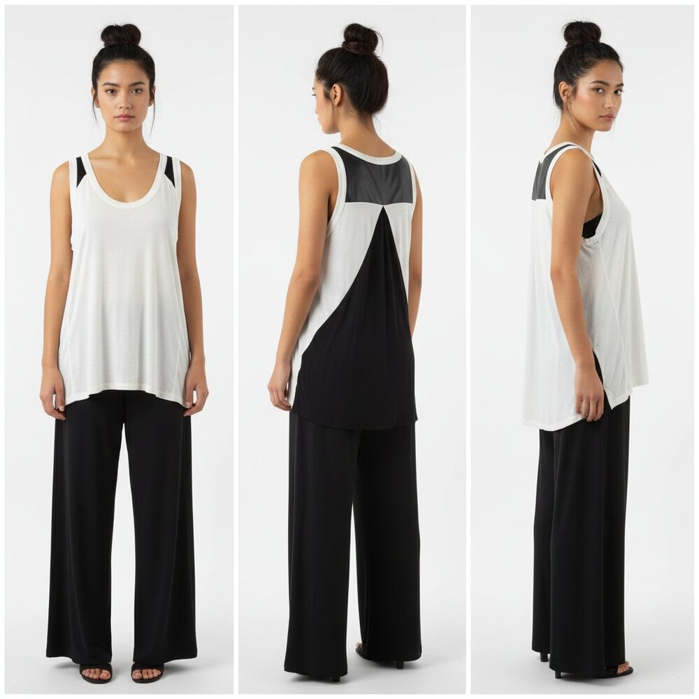 AIKO Black & Ivory Leather Trim Tank Top S